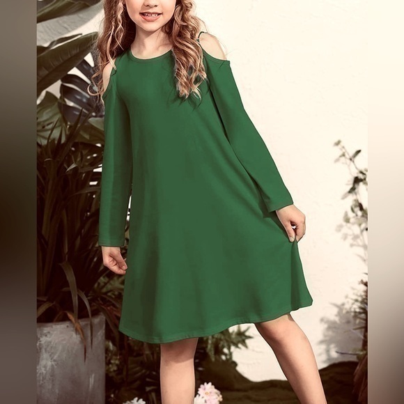 Forest Green Long Sleeve Cold Shoulder Swing Casual Dress with Pockets - Picture 1 of 6